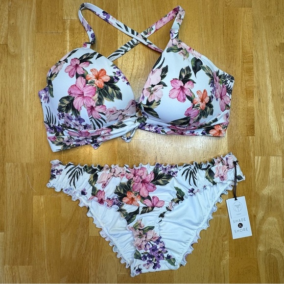 NWT Shade & Shore Tropical Floral Print White and Pink Bikini Set - Picture 1 of 8
